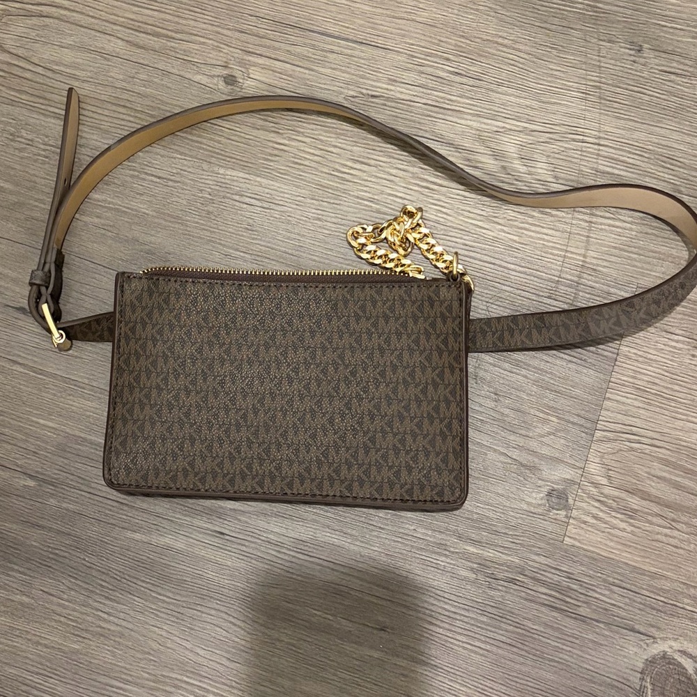 Michael Kors Brown Monogram Crossbody Wristlet with Gold Chain Accent